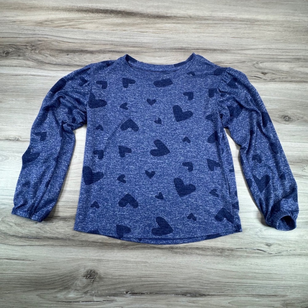 Cat Jack Blue All Over Print Hearts Long Sleeve Puff Sleeve Top Kids‎ Size 7 8